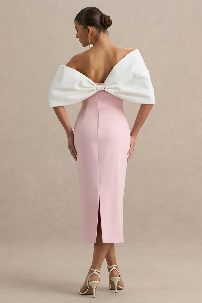 Lucille  Rose Pink & White Asymmetric Bardot Midi Dress | Club L London