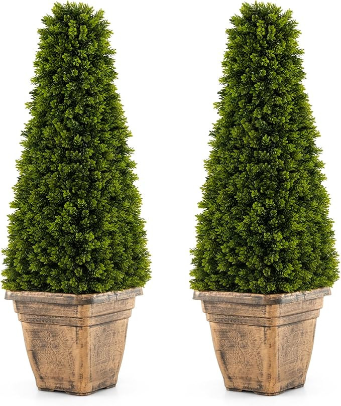 Goplus 3ft Artificial Boxwood Topiary Tree, 2 Pack Cone-Shaped Faux Potted Plants with Cement Flo... | Amazon (US)