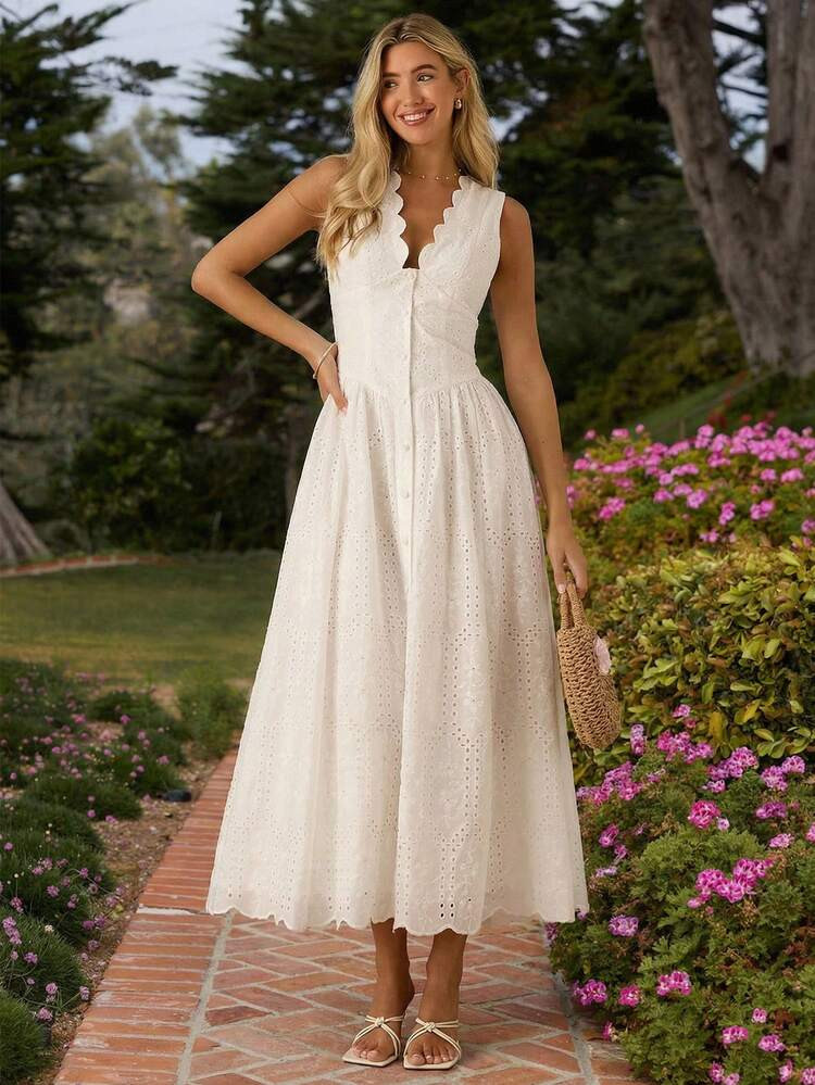 Enchnt Spring/Summer Romantic Women's Fashion White Shell Edge Sleeveless Embroidery Pattern Maxi Dress,Sweet&Elegant For Vacation&Date&Holiday&Party&Graduation&Wedding Guest&Beach,Prom Dress,Summer Dresses For Women,Sun Dresses For Women,Summer Clothes, ,Elegant Dresses For Party Business Casual Woman | SHEIN