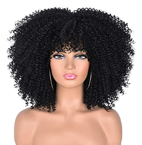 CC Hair Curly Wigs for Black Women Afro Curly Wigs with Bangs Heat Resistant Synthetic Wig 14inch 280g 22.5 inches | Amazon (US)