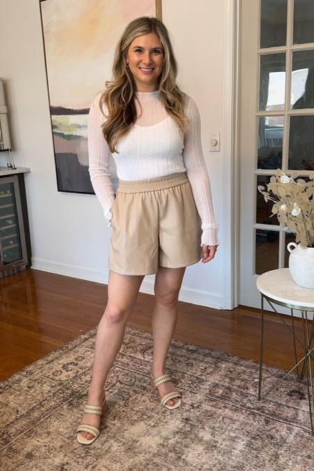 Tan leather shorts Walmart affordable pull on shorts 
White mesh top Walmart 
Block heel low perfect for casual outfits 

#LTKfindsunder50 #LTKshoecrush #LTKparties