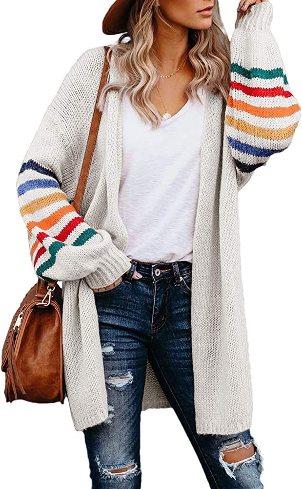 Dokotoo Women's Long Open Front Cardigans Striped Color Block Loose Knit Sweaters Outwear Coat | Amazon (US)