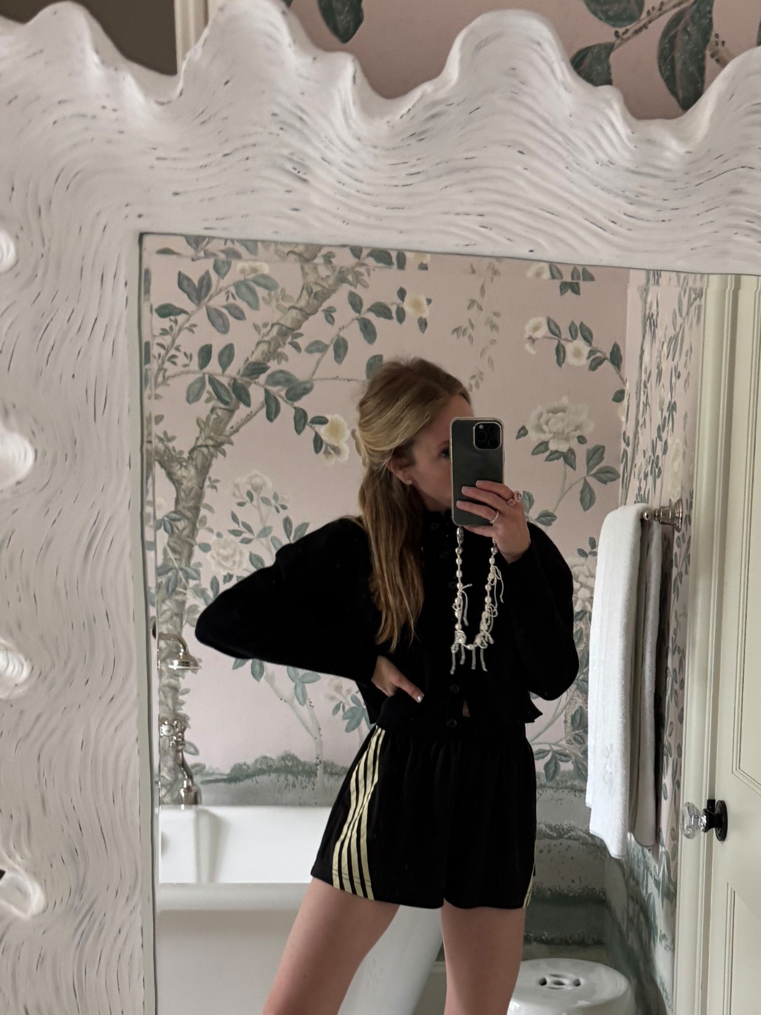Hate photos of myself in shorts but these are legit the best pair! Flattering on legs! Casual but not sweat material so much more flattering. Wearing an old favorite Zara cardigan, but the selling point is shoulder pads so here are other options! 