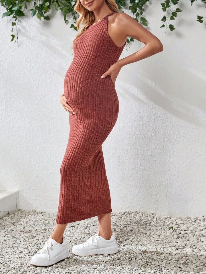 SHEIN Maternity Solid Rib-knit Halter Dress | SHEIN