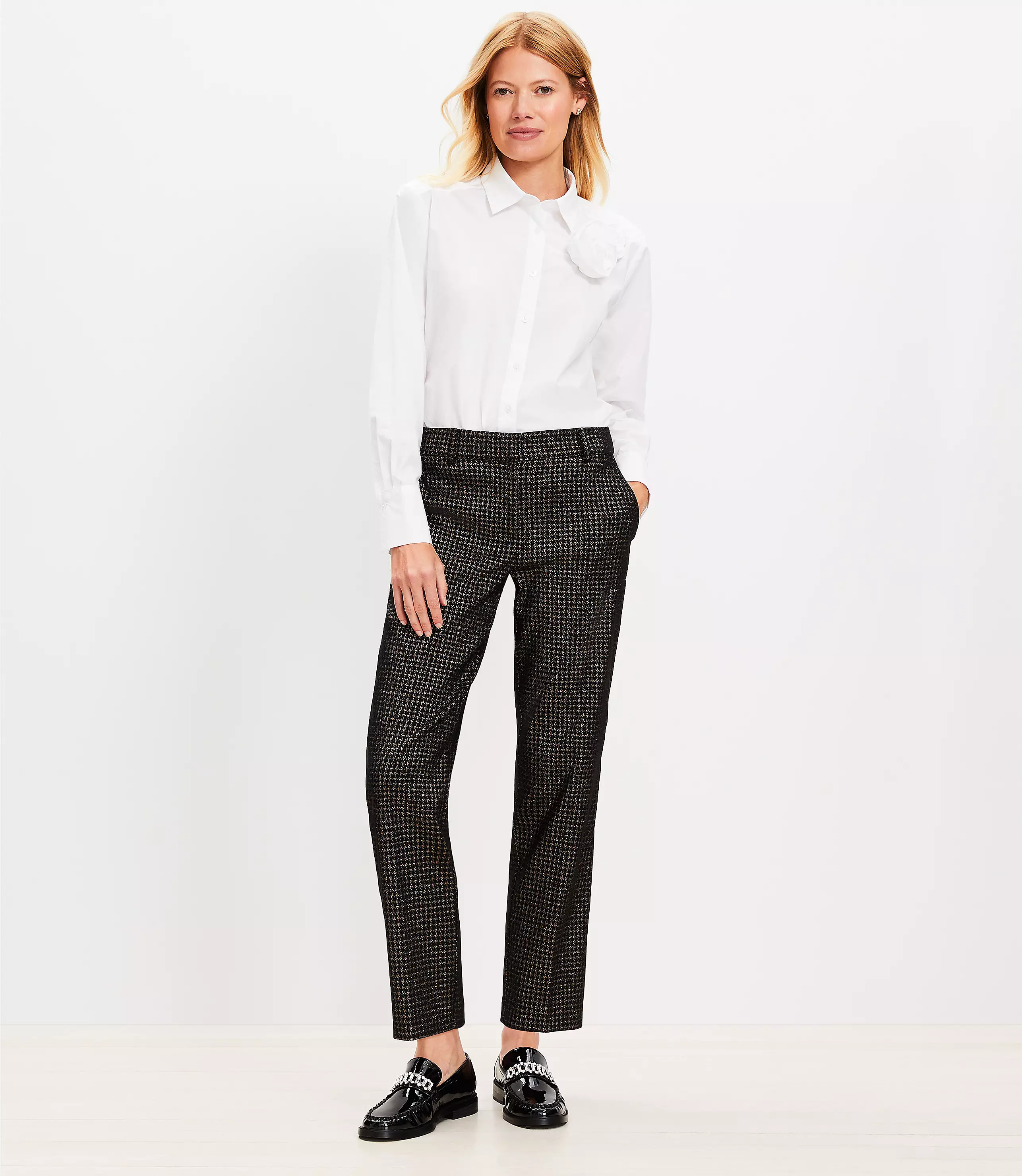 Riviera Slim Pants in Metallic Houndstooth Jacquard | LOFT