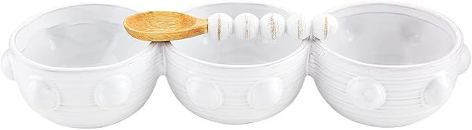 Mud Pie Triple Beaded Dip Set, White, dish 4 1/4" x 12 3/4" | spoon 5 1/2" | Amazon (US)