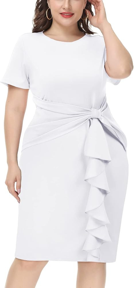 Hanna Nikole Wmens Plus Size Wear to Work Dress 50s Vintage Ruffle Peplum Cocktail Pencil Knee Dr... | Amazon (US)