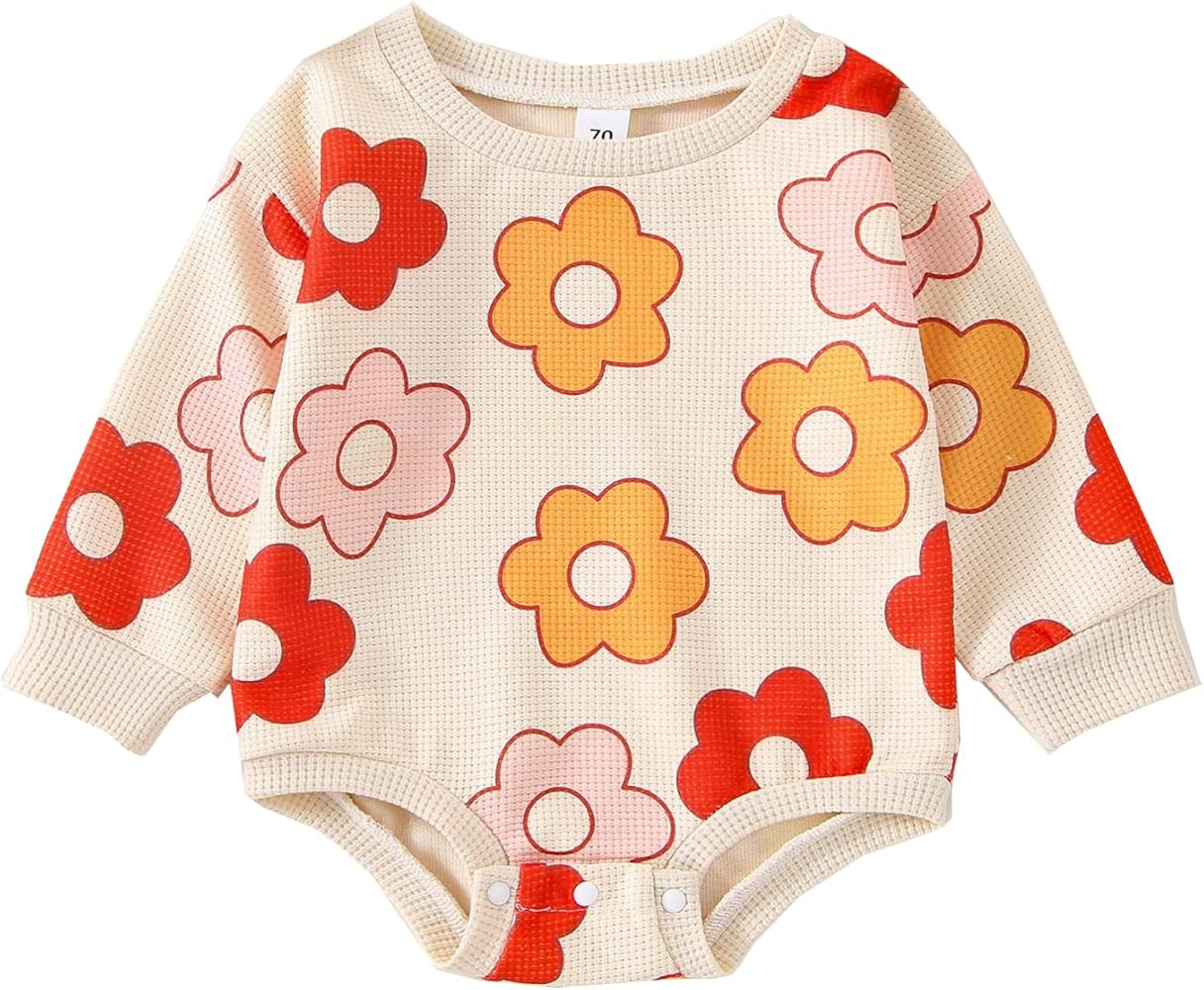 Kayotuas Baby Girl Crewneck Sweatshirt Romper Oversized Long Sleeve Flower Printing Bodysuit Cute... | Amazon (US)