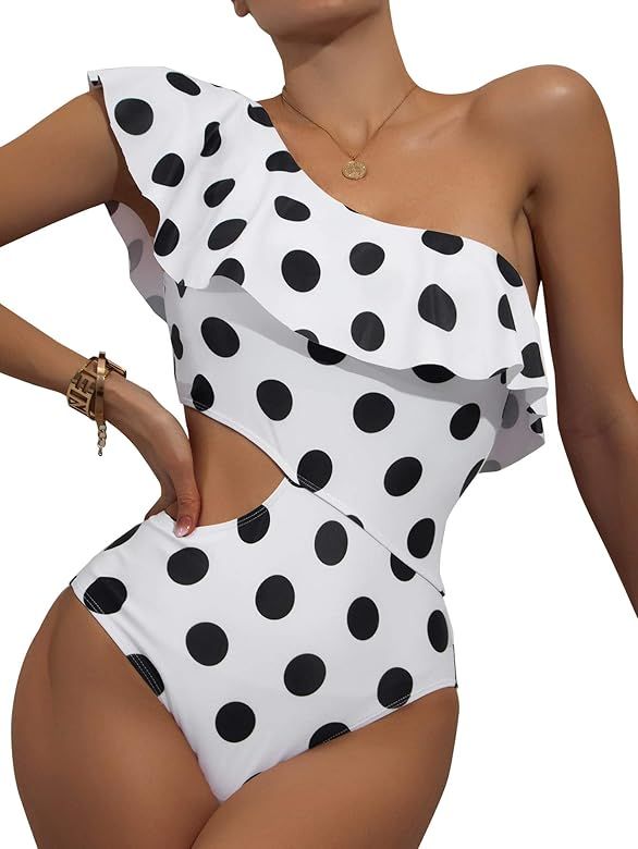 Romwe Women's Polka Dots One Piece Swimsuit One Shoulder Ruffle Cutout Monokini Swimsuit | Amazon (US)
