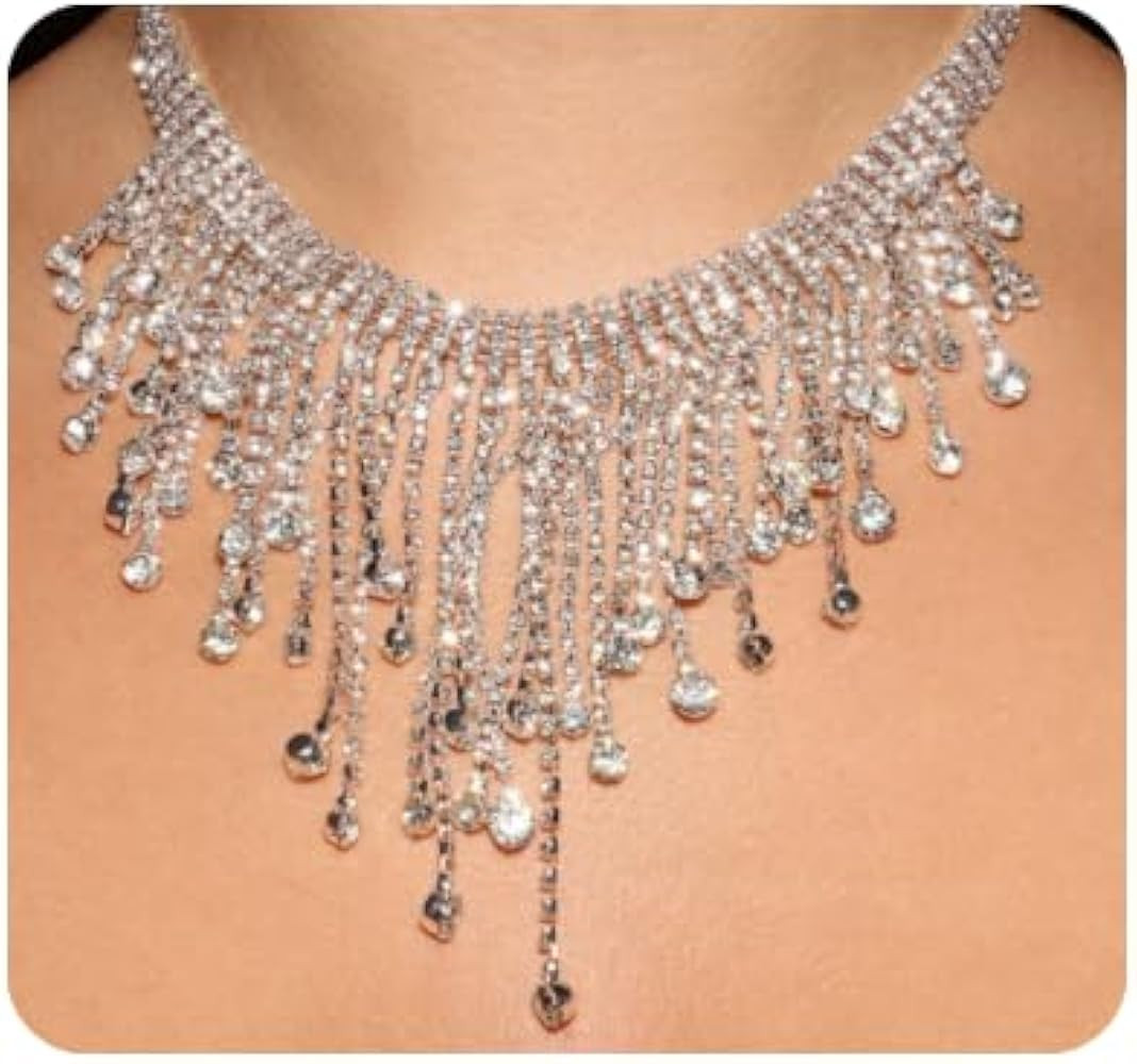 YERTTER Sparkle Silver Full Tennis Rhinestone Fringe Chain Adjustable Collar Luxury Tassel Crysta... | Amazon (US)