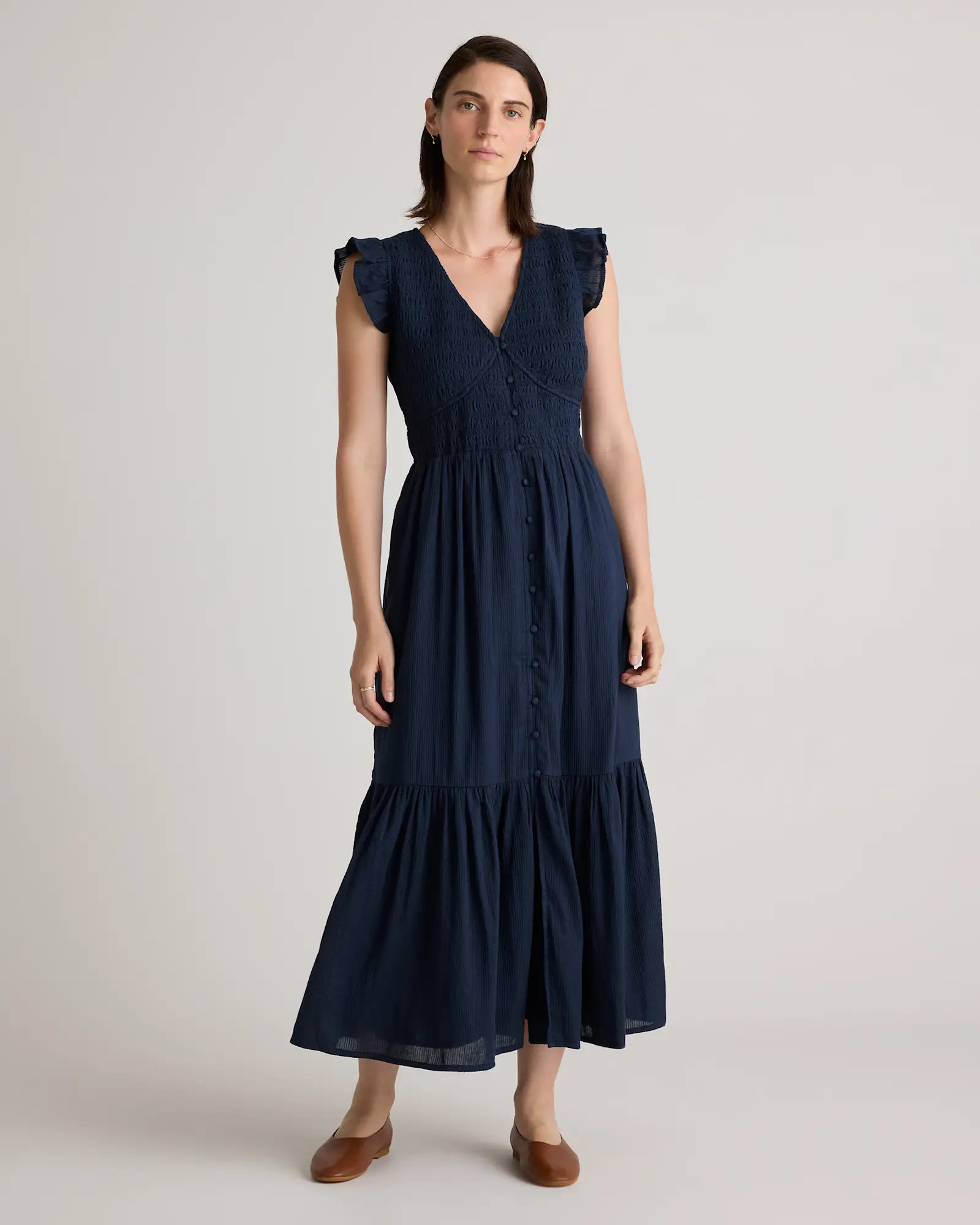 Organic Textured Cotton Smocked V-Neck Midi Dress in Navy | Quince