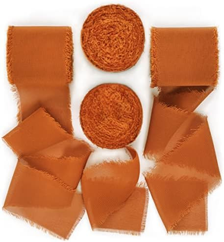 Socomi Terracotta Handmade Fringe Chiffon Silk Ribbon 1-3/4" x 7Yd, 4 Rolls Frayed Ribbons for We... | Amazon (US)