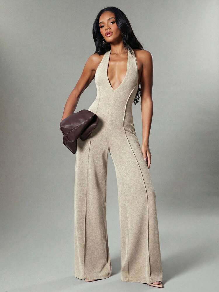 Hauture Women's Sexy Casual Halter Neck Rib Seam Overlock Detail Backless Jumpsuit | SHEIN