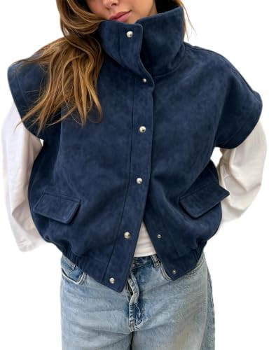 Women's Faux Suede Stand Collar Cropped Vest Jacket | Amazon (US)