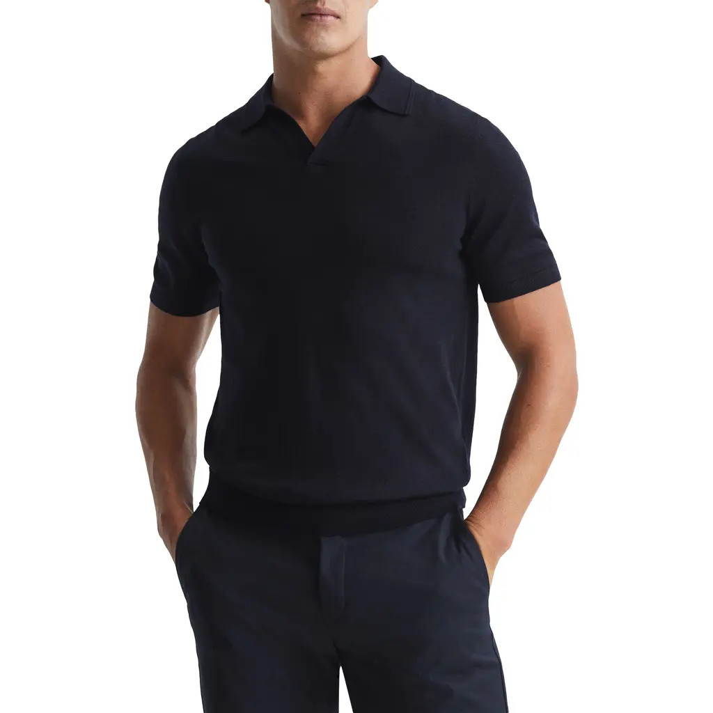 Reiss Duchie Johnny Collar Short Sleeve Wool Polo Sweater in Navy at Nordstrom, Size Medium | Nordstrom