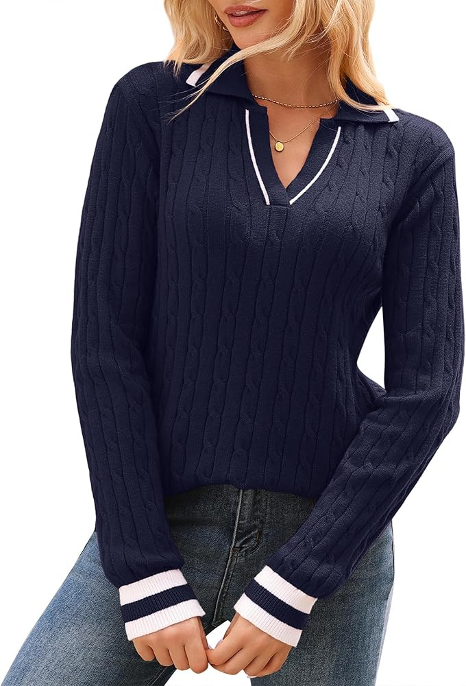 Arolina Womens Cable Knit Sweaters Long Sleeve V Neck Pullover Tops Casual Lightweight Polo Sweat... | Amazon (US)