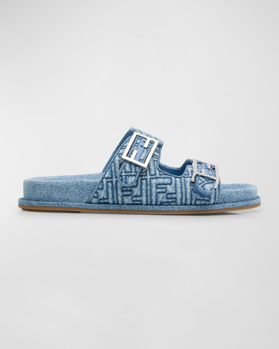 Fendi FF Embroidered Denim Dual Buckle Slide Sandals | Neiman Marcus