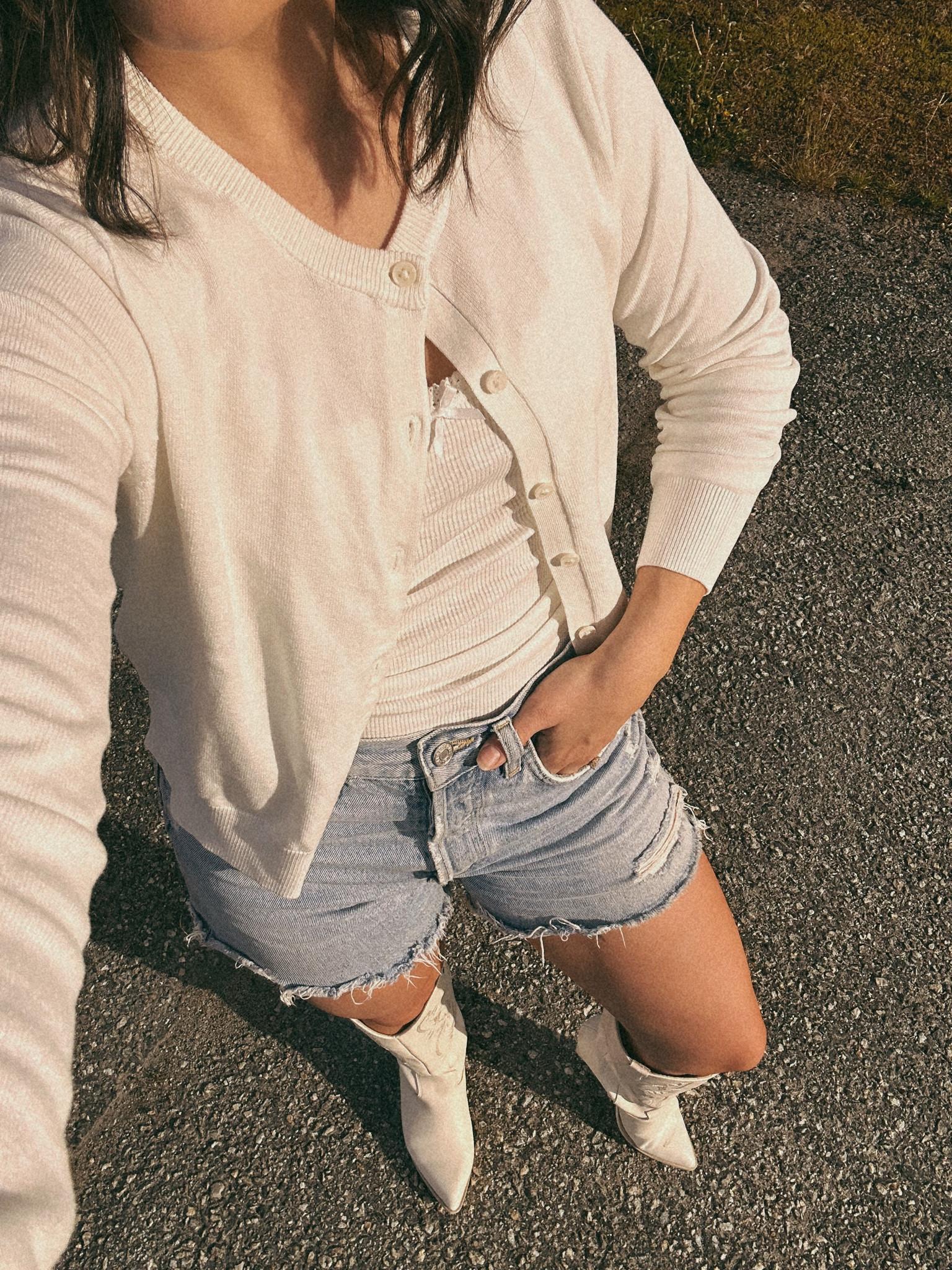 Coastal cowgirl outfit of the day 🤠 Wearing a cute cardigan under $15 and my fave AGOLDE denim shorts with affordable cowboy boots! 

#LTKfindsunder100 #LTKshoecrush #LTKstyletip