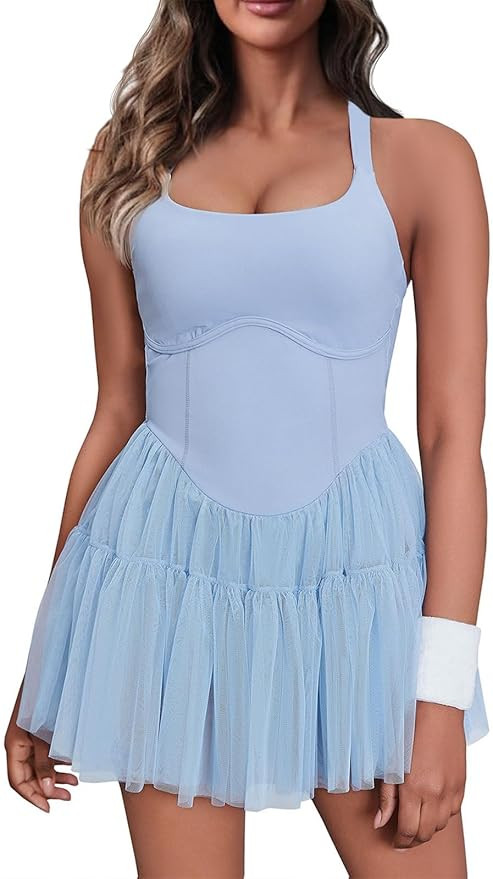 Fisoew Womens Tennis Dress with Built in Shorts & Bra Sleeveless Workout Golf Athletic Dresses | Amazon (US)