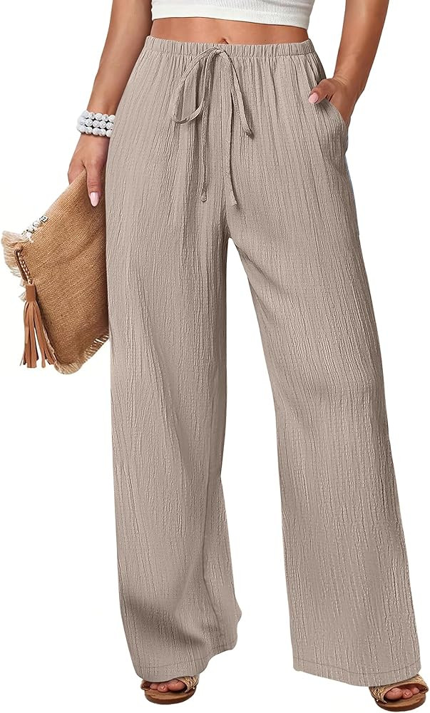 Women's Wide Leg Beach Pants Elastic Waist Lightweight Casual Flowy Palazzo Lounge Trousers with ... | Amazon (US)