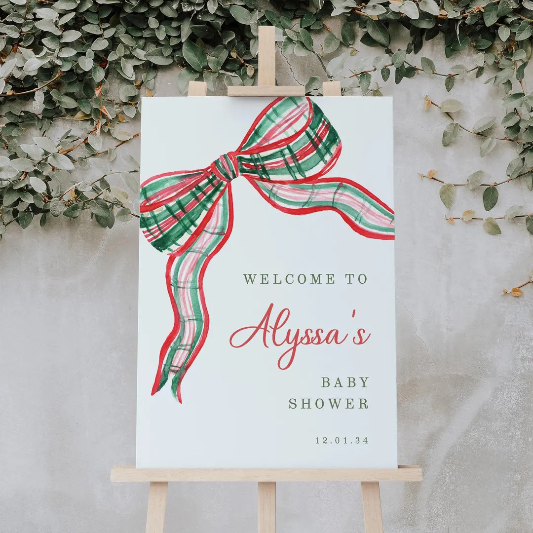 Plaid Bow Christmas Baby Shower Welcome Sign, Editable Gender Neutral Holiday Baby Shower Welcome... | Etsy (US)