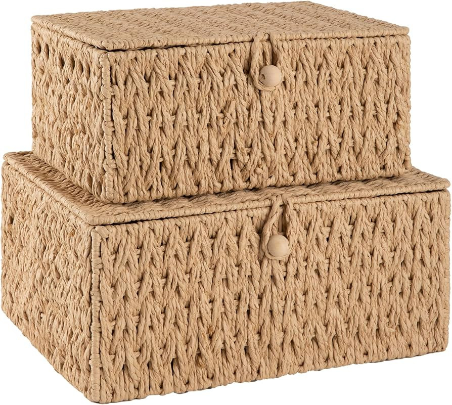 OIAHOMY Wicker Storage Basket with Lid & Lock, Lidded Storage Bins, Decorative Baskets for Organi... | Amazon (US)
