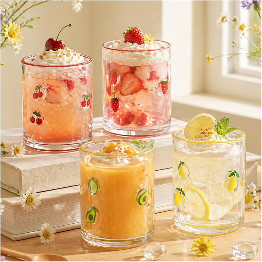 4PCS Icon Juice Glasses,16OZ Fruit icon glass cups with Strawberry, Cherry, Lemon, Avocado,juice ... | Amazon (US)
