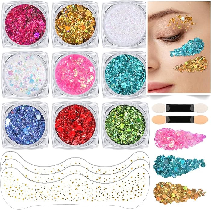 Teenitor 9 Color Face Glitter and 3 Gold Face Freckles Set - No Glue Needed Body Glitter Gel, Hai... | Amazon (US)