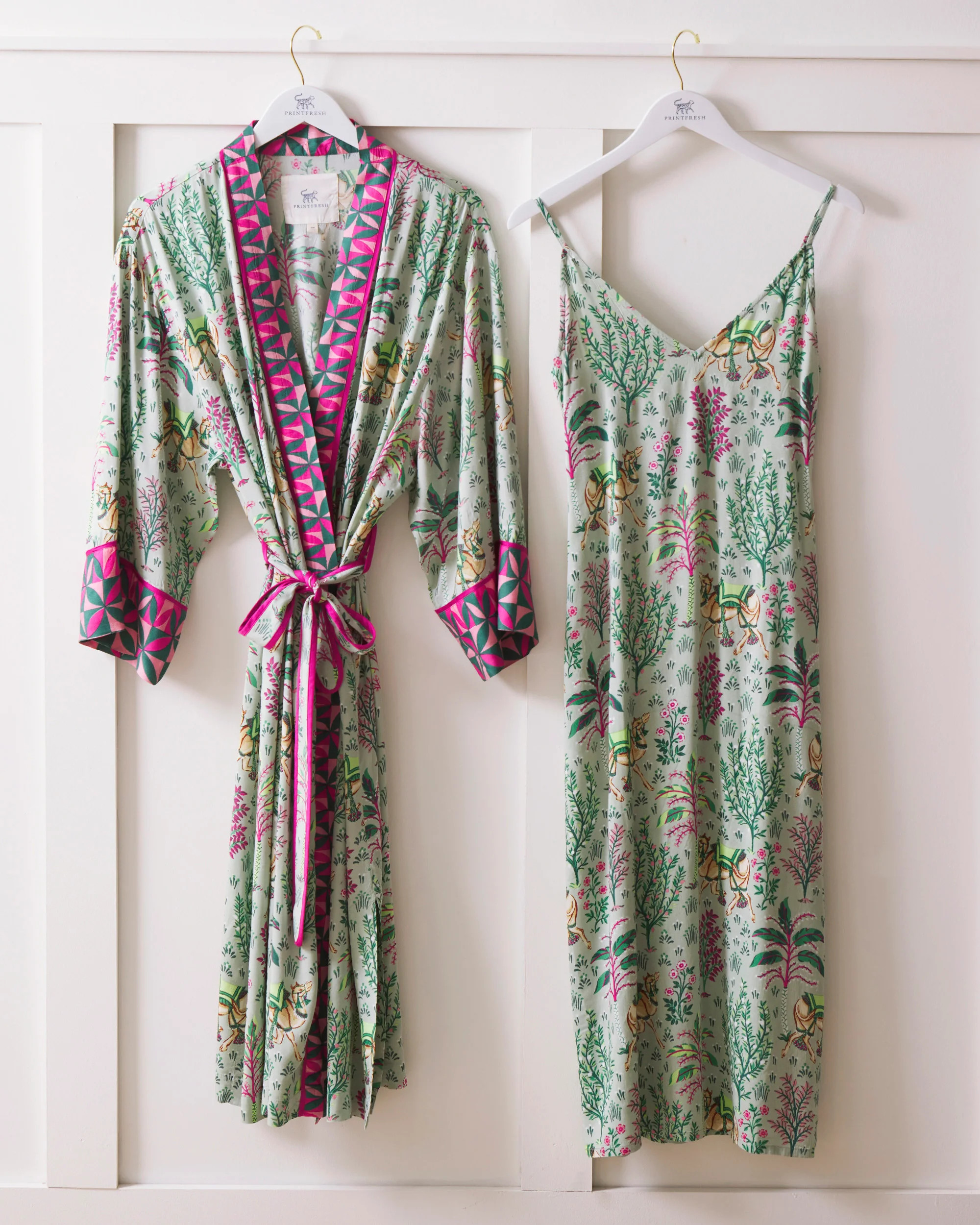 Camel's Courtyard - Eco Satin Chic to Sleep Nightie and Eco Satin Robe Set - Avocado | Printfresh
