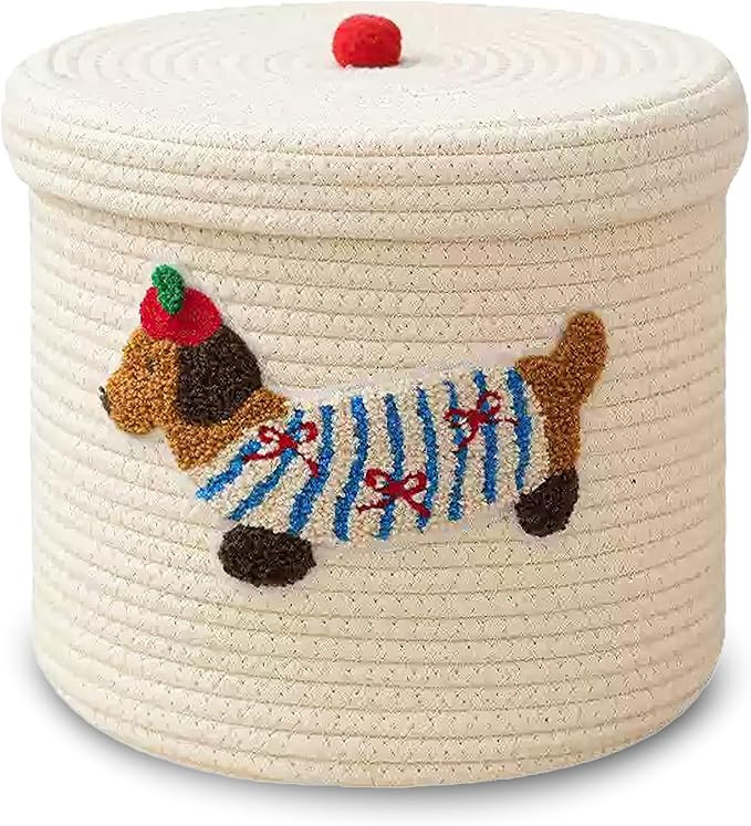 Cute Dog Cotton Rope Storage Basket with Lid, 10"×10"×9" Woven Storage Bin, Large Capacity Dust... | Amazon (US)