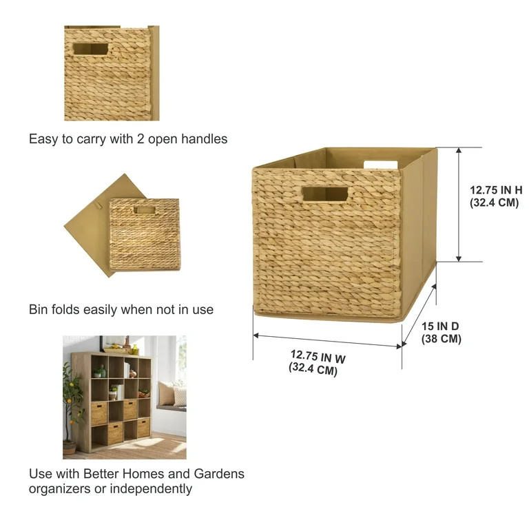 Better Homes & Gardens Fabric Cube Storage Bins (12.75" x 12.75"), 2 Pack, Water Hyacinth | Walmart (US)