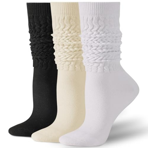 Pleneal 3 Pairs Slouch Scrunch Socks for Women, Long Slouchy Knee High Socks, Knit Chunky Boot Sock, Black&White&Beige | Amazon (US)