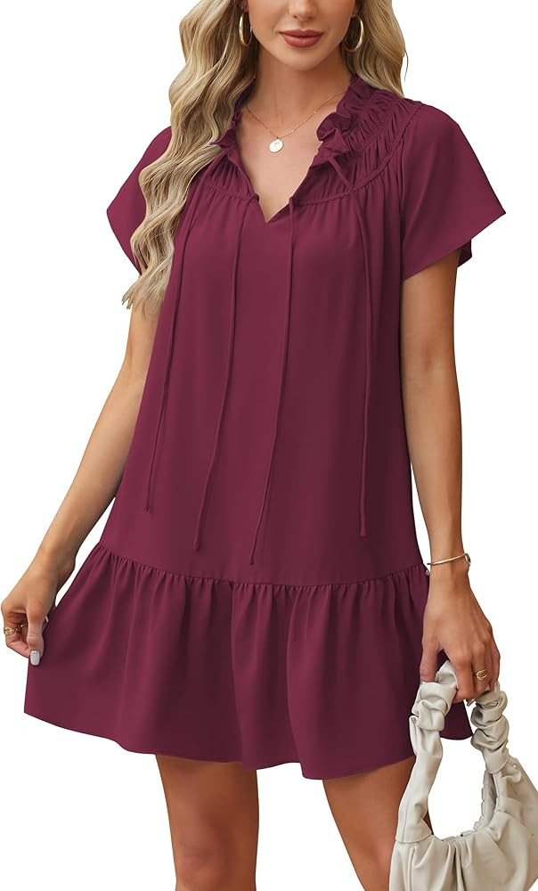 Angashion Womens Summer Mini Dress Short Sleeves V Neck Dresses Ruffle Casual Tie Sundress with P... | Amazon (US)