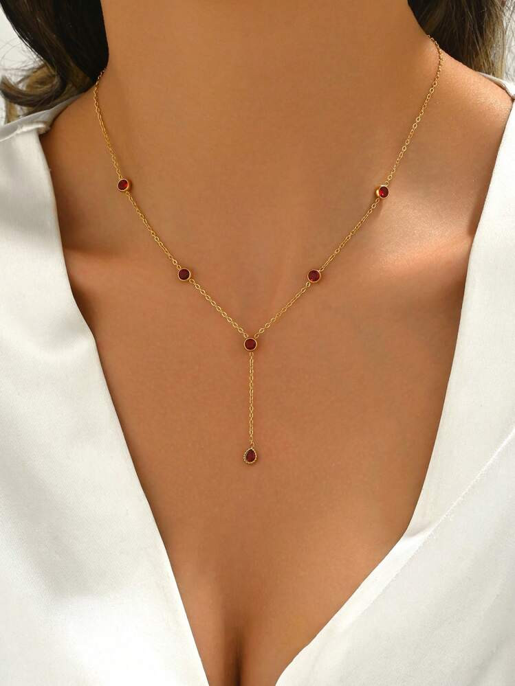 1pc Women Stainless Steel Y-Shaped Necklace With Red Zirconia Water Drop Tassel Pendant, 18k Gold... | SHEIN