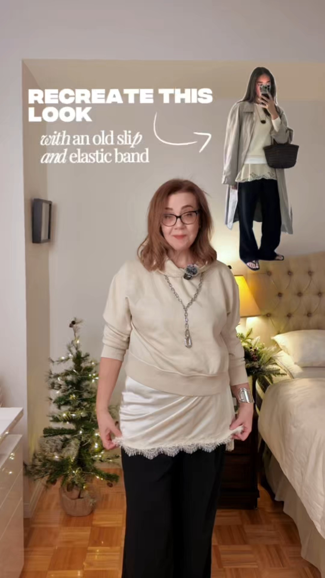 Want to look relaxed but fashionable over holidays? Recreate this super trendy look. You don’t need to buy an asymmetric slip with lace. Use the old slip from your closet and elastic band to adjust the hem so it’s picking out under hoodie the way you want. Wear the old hoodie and comfortable pants. Pair with the sneakers and voila - super trendy look without buying anything. 
Comment if you like this tip. 
Save for inspiration and share with a friend! Follow for more tips and ideas on style and beauty for women over 40.

#LTKstyletip #LTKholiday #LTKwinter