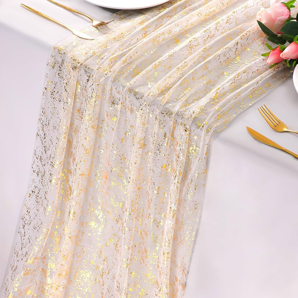 Snowkingdom 10Ft Gold Table Runner, Gold Gauze Sheer Chiffon Cheesecloth Runner Sequin Glitter Me... | Amazon (US)