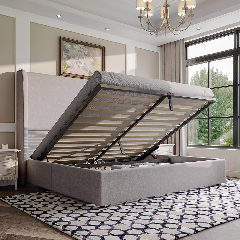 AMERLIFE Lift Up Storage Bed Queen Size Linen Upholstered Platform Bed Frame, Hydraulic Storage,M... | Amazon (US)