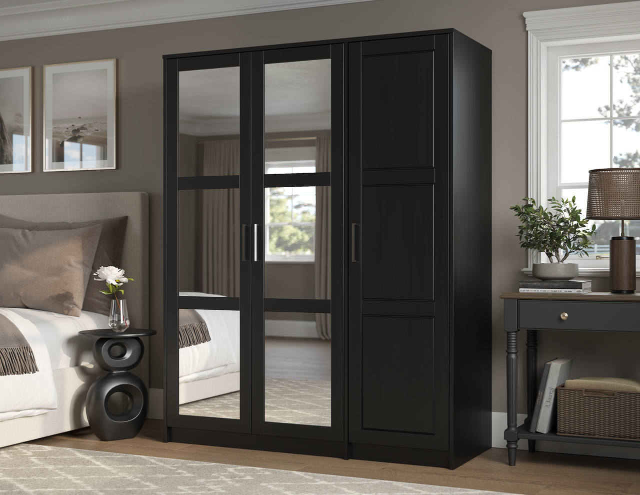 Urban 3-Door Wardrobe Armoire with Mirrored Doors In Black | 1stopbedrooms