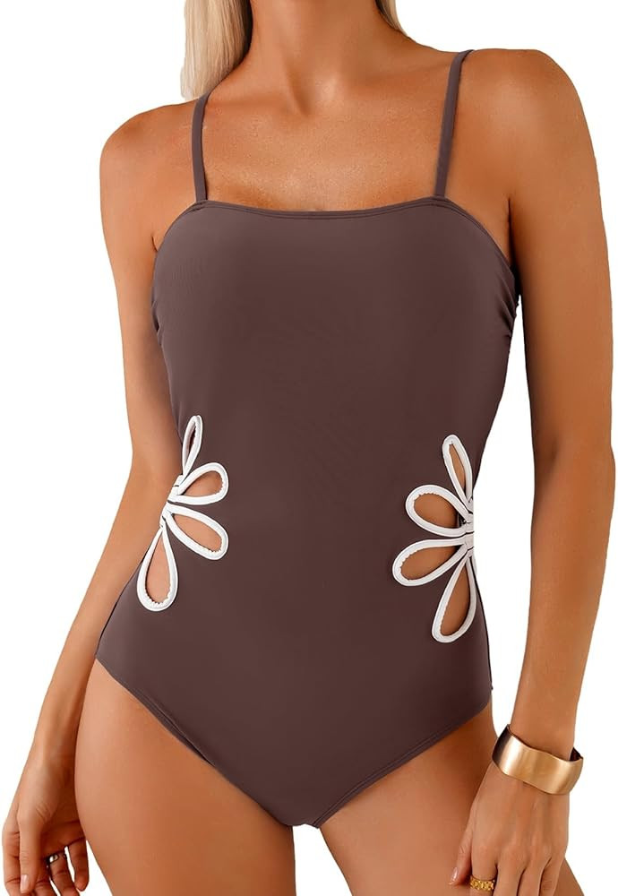 Herseas Women's One Piece Swimsuits Adjustable Spaghetti Straps Floral Cutout Bathing Suits Beach... | Amazon (US)