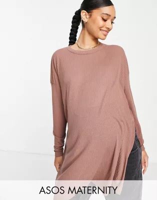 ASOS DESIGN Maternity top with side splits and long sleeve in clean rib in mink | ASOS (Global)