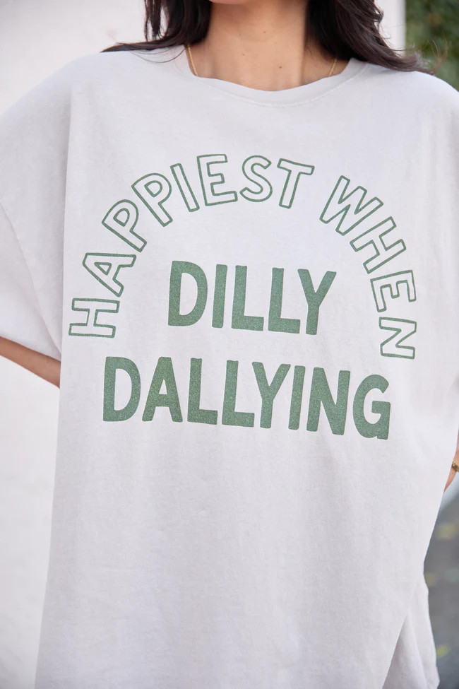 Happiest When Dilly Dallying Taupe Oversized Graphic Tee | Pink Lily
