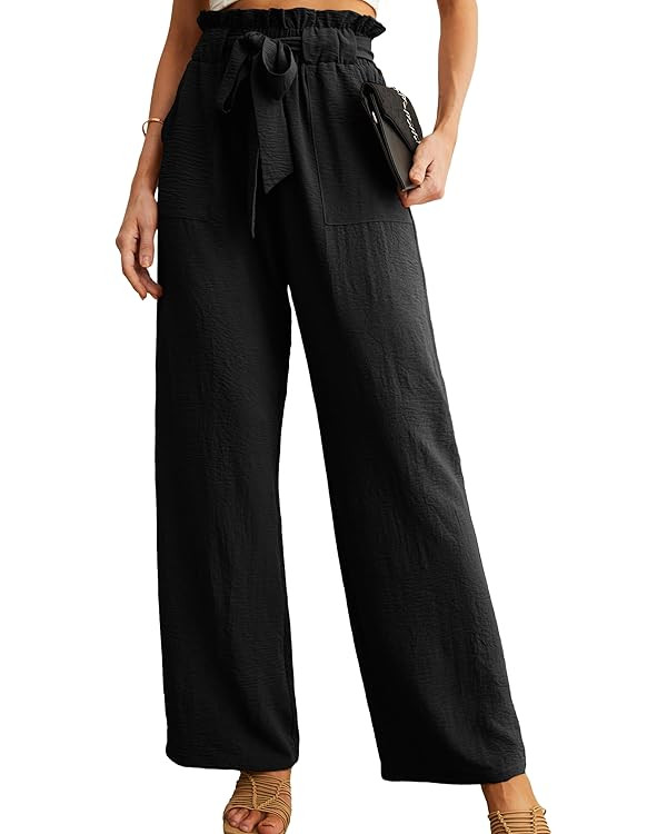IWOLLENCE Women's Wide Leg Pants with Pockets High Waist Adjustable Knot Loose Casual Trousers Bu... | Amazon (US)