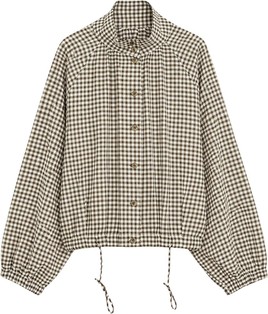 Shiyifa Womens Gingham Bomber Jacket Lightweight Stand Collar Casual Coat | Amazon (US)