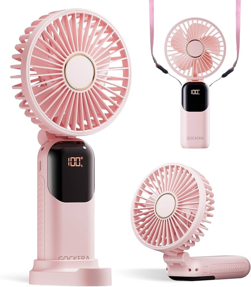 Portable Fan, 4200mAh Battery Operated Fan, 5 Speeds&Digital Display, Makeup Fans for Women with Base, 180°Foldable 3in1 Handheld/Neck/Desk Fan for Outdoor Indoor,Ultra Quiet (Pink) | Amazon (US)