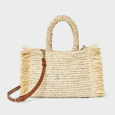 Straw Fringe Small Detachable Strap Crossbody Tote Handbag - Universal Thread™ Natural | Target