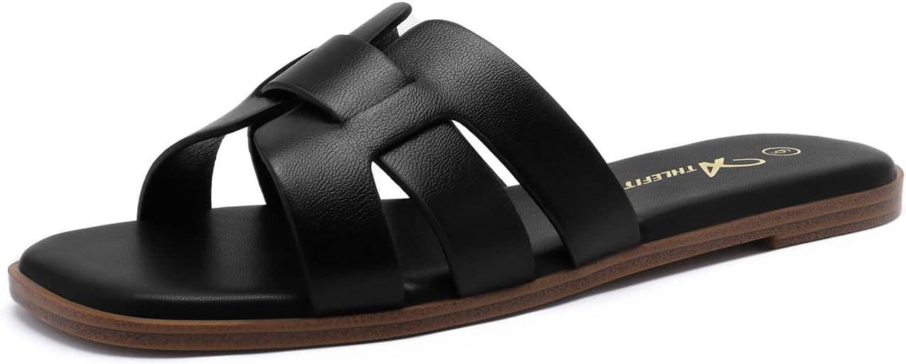 Athlefit Women's Flat Sandals Dressy Summer Square Open Toe Slip On Leather Slide Sandals | Amazon (US)