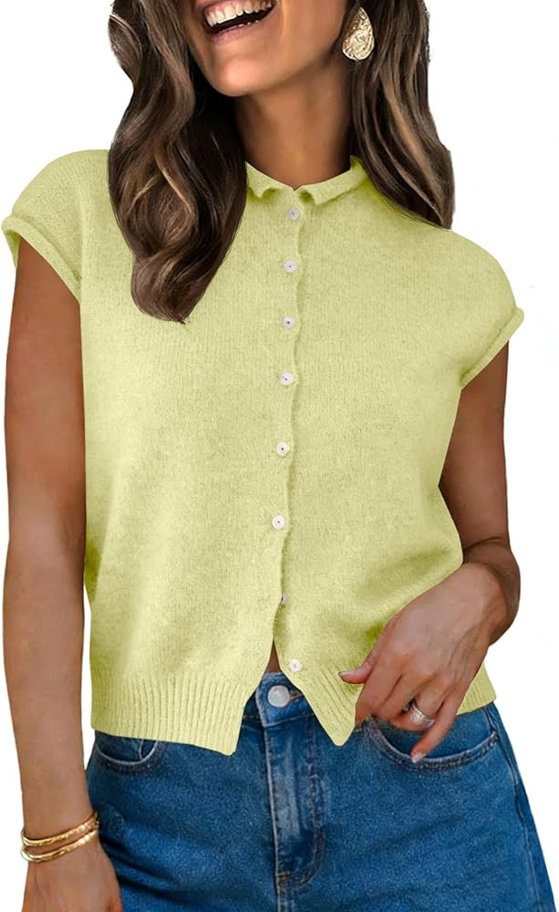 UNCLECAT Womens Cap Sleeve Cardigans Lightweight Summer Business Casual Tops Button Down Sweater Shirt Yellow at Amazon Women\u2019s Clothing store | Amazon (US)