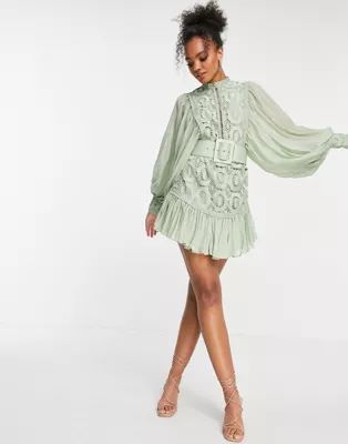 ASOS DESIGN Lace mini dress with pleated sleeves and belt in sage | ASOS (Global)