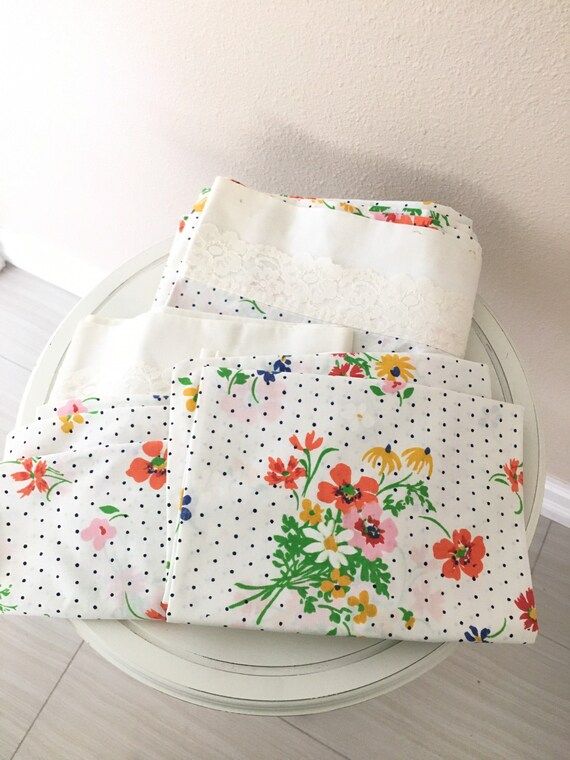 Vintage Martex Presslin Bed Sheet Set- White Polka Dots and Floral Design with White Lace on Trim... | Etsy (US)