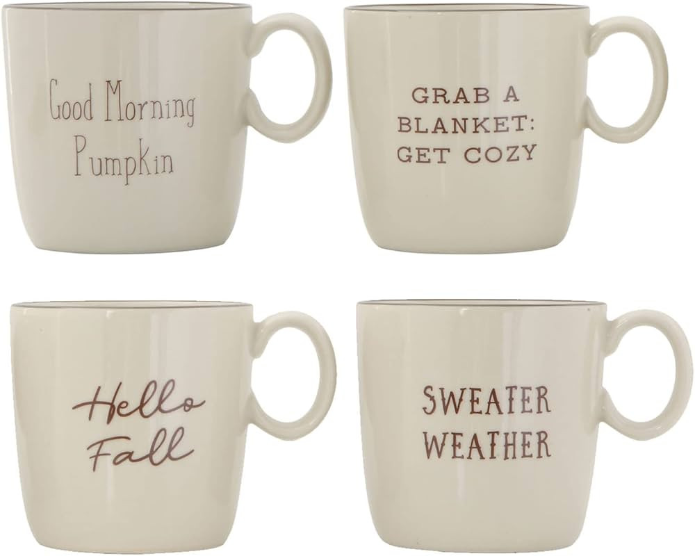 Creative Co-Op Stoneware Fall Saying (Set of 4) Mugs, Cream | Amazon (US)